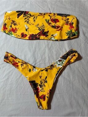 Yellow Floral Bikini Set - Bandeau Top & High-Cut Bottoms